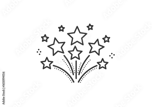 Line art illustration of fireworks exploding with stars.