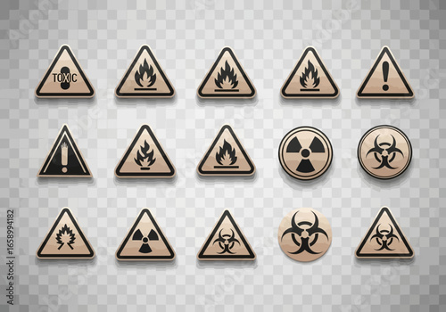 A collection of metallic-style hazard warning signs, including flammable, radioactive, and biohazard symbols, on a transparent background.