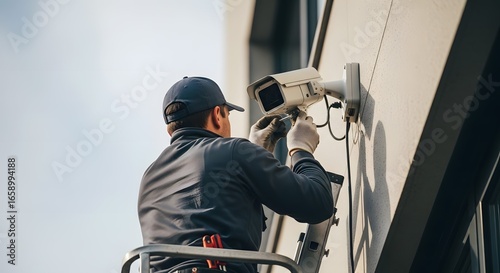 Professional Technician Installing Outdoor Security Camera on Building Wall for Surveillance and Protection System Maintenance