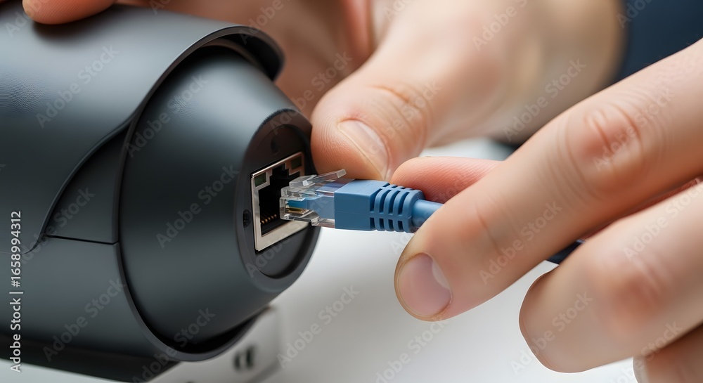 Fototapeta premium Hands connecting an Ethernet network cable into a security camera or surveillance device, highlighting the installation process for modern technolo...