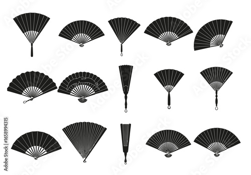 Collection of black and white folding fans in various shapes and styles.