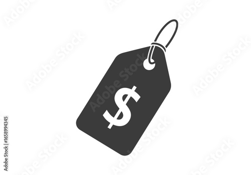 A dark gray price tag with a white dollar sign is attached to a loop of string.