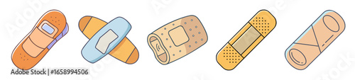 Five cartoon plasters or adhesive bandages with various designs and colors