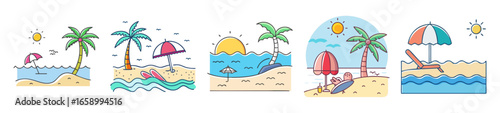 Diverse and Whimsical Beachscapes with Palm Trees, Sun, Waves, and Umbrellas