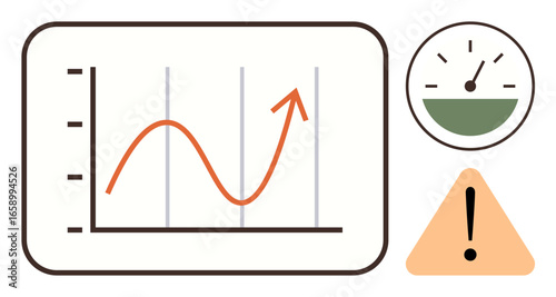 Line graph with upward trend, speedometer gauge, and caution triangle for tracking progress, measuring performance, and emphasizing risks. Ideal for business growth, efficiency, management, strategy