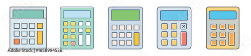 Variety of colorful cartoon calculator illustrations for mathematical computation tasks