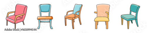 Collection of colorful cartoon chairs showcasing different styles and designs