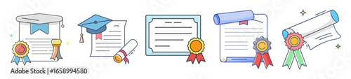 Cartoon Graduation Certificates and Diplomas with Caps, Ribbons, and Seals Illustration