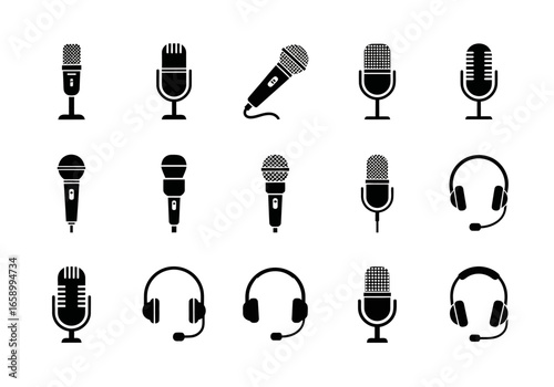 A collection of black silhouette icons depicting various types of microphones and headsets for audio recording and communication.