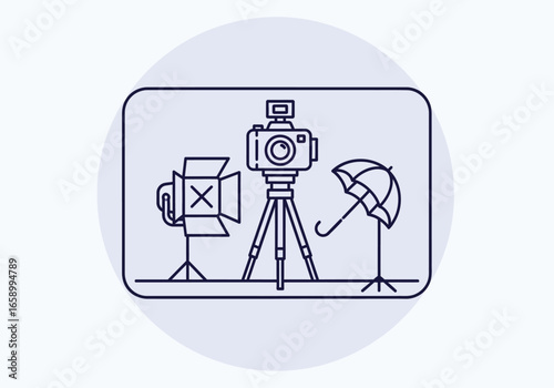 Minimalist line art icon depicting a photo studio scene with a camera, tripod, and professional lighting equipment.