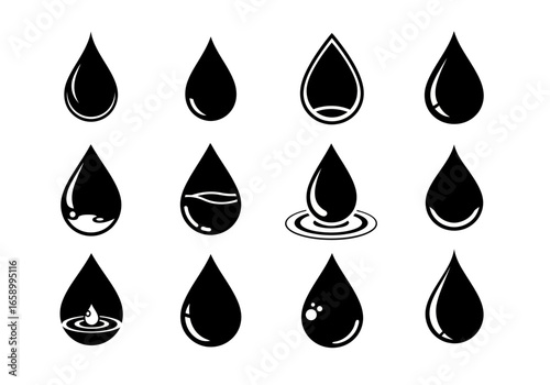 A set of twelve black liquid drop icons, illustrating various forms like splashes, ripples, and reflections on a white background.