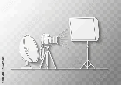 Studio photography setup with camera, tripod, lighting, and satellite dish.