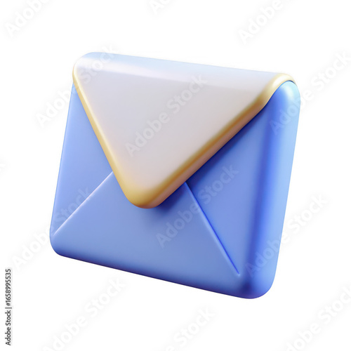A 3d rendered blue and white envelope icon with a golden trim symbolizing communication and correspondence isolated on transparent background