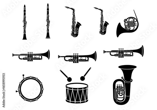 Musical instruments: clarinet, saxophone, horn, trumpet, drum, and tuba in black and white.