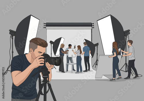 A professional photographer directs a studio photoshoot with a team and models under bright studio lights.