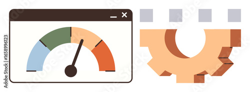Speedometer inside a webpage interface and gear mechanism with connected blocks. Ideal for performance, productivity, optimization, technology, mechanics, data analysis, and business workflow. Simple