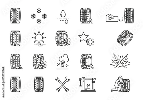 Line icons depicting tire maintenance, repair, and various tire types.