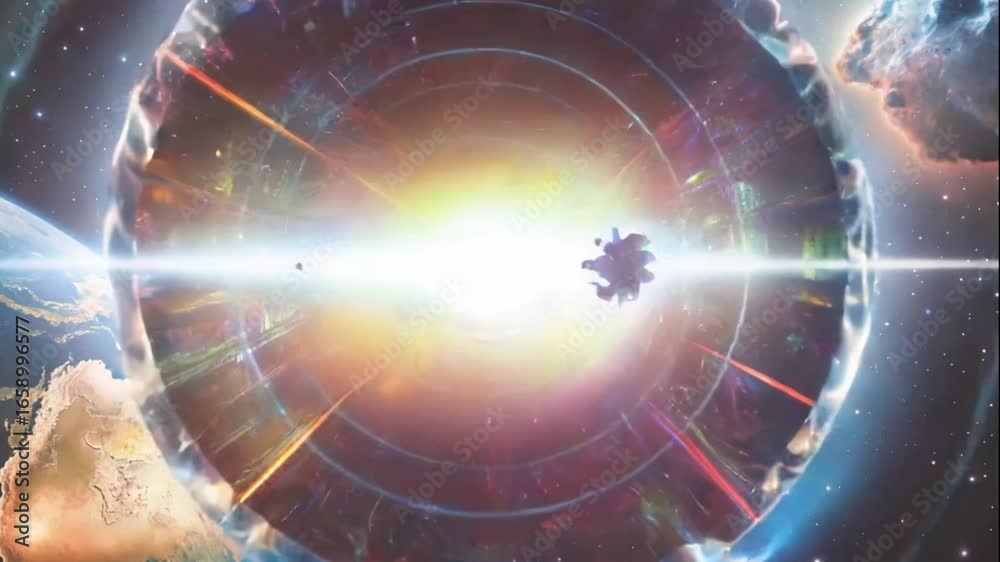 Earth planet view with a glowing portal and nebula in a starry outer space cosmic environment