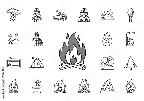 Collection of various fire-related icons, including flames, bonfires, and related elements.