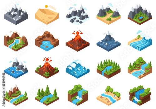 Isometric landscape tiles: mountains, volcanoes, rivers, forests, deserts.