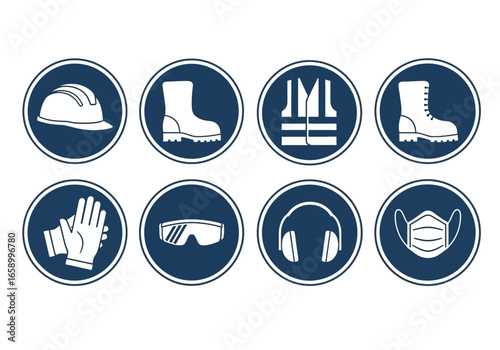 Safety Equipment Icons: A set of circular icons depicting essential personal protective equipment for industrial workers.