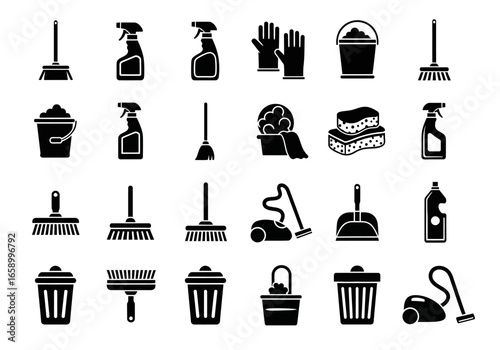 A collection of black silhouette icons depicting various cleaning tools and housekeeping supplies.