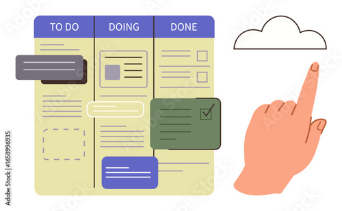 Kanban board with organized tasks in colored cards across three columns, and a hand pointing to a cloud suggesting digital data or cloud storage. Ideal for workflow, productivity, teamwork