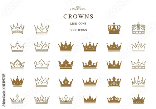 Collection of Golden and White Line Crowns and Bold Icons.