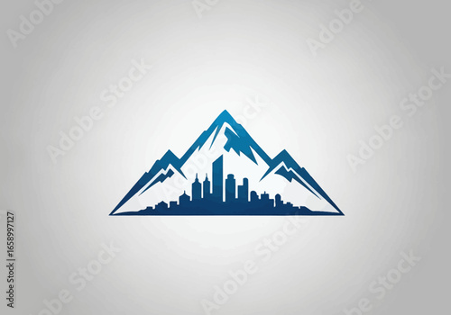 Stylized blue mountain peaks with an integrated urban city skyline at the base, representing nature and development.