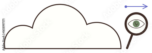 Cloud outline with a magnifying glass focused on an eye and checkmark, representing secure cloud monitoring. Ideal for cybersecurity, privacy, compliance, data analysis, auditing, monitoring