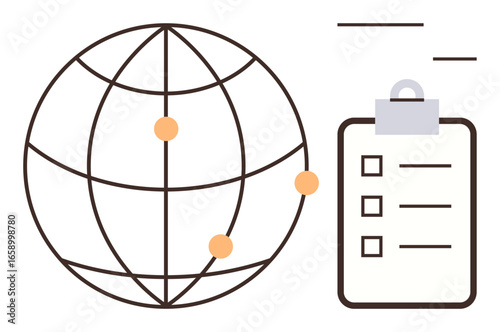 Globe with connectivity points next to a clipboard checklist, symbolizing global organization, planning, logistics, collaboration, project management, communication, and information flow. Ideal