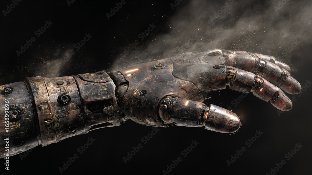 Fototapeta premium 工業的質感の機械の手が触れ合う瞬間表現構図