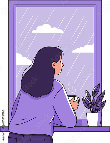 Woman looking out the window with a cup of tea on a rainy day  