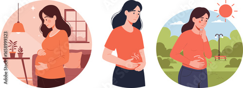 Pregnant woman experiencing emotions in different settings  
