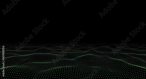 Abstract luminous grid forming undulations, a digital representation of a mysterious ocean in the dark, creating a captivating and modern aesthetic that implies technology