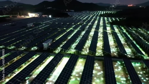 Aerial View of Solar Panel Farm at Night Generating Clean Energy