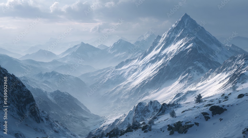 Obraz premium Majestic Winter Mountain Range: A Panoramic View of Snow-Capped Peaks