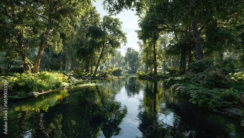 Serene park waterway reflecting trees
