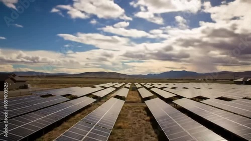 Aerial View of Solar Panel Farm Generating Clean Energy Under Cloudy Sky