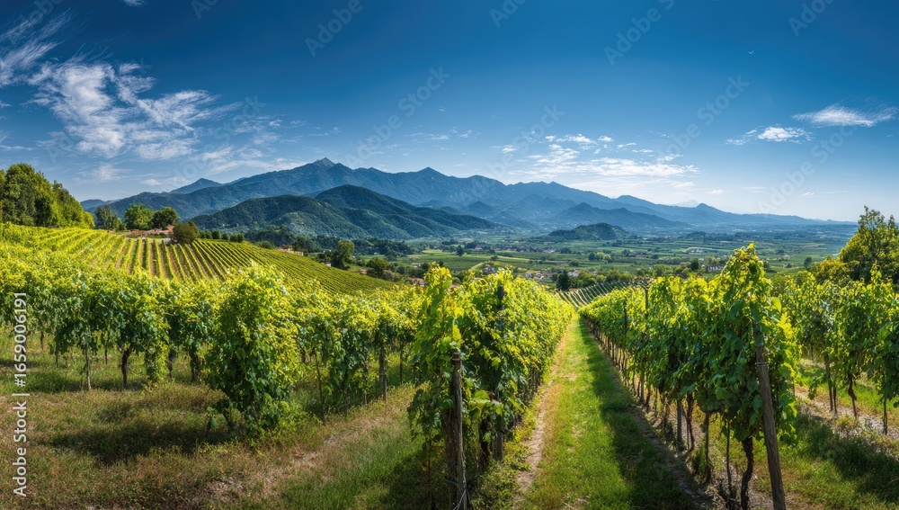 Fototapeta premium Panoramic vineyard landscape with mountains