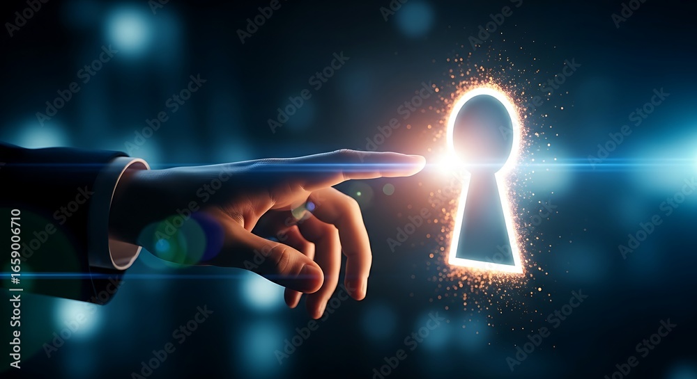 Fototapeta premium Opportunity and discovery concept. A hand reaches towards a holographic keyhole emitting a bright light, symbolizing new opportunities or access.