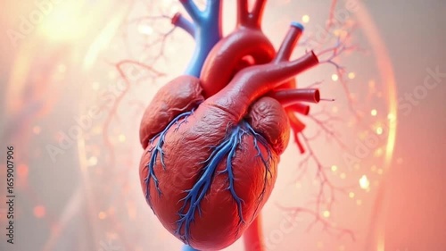 Human heart with glowing veins showcasing anatomy and blood circulation