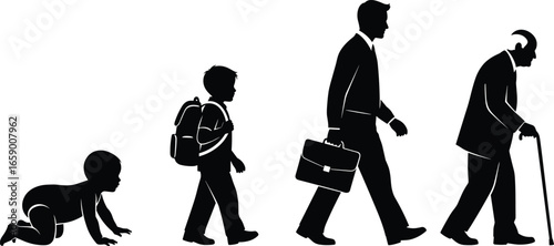 Life stages illustration, baby crawling, child with backpack, adult with briefcase, elderly with cane, human growth, aging, development, evolution