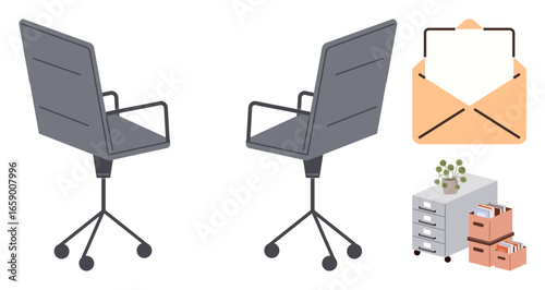 Office chairs and filing cabinets with an open envelope, storage boxes, and a small potted plant. Ideal for business, workplace setup, organization, communication, email concepts, teamwork simple