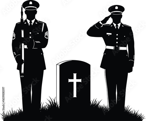 Military honor guard saluting, soldier's grave tribute, solemn funeral ceremony, respect and sacrifice, rifle salute, cross marker, uniformed personnel, remembrance