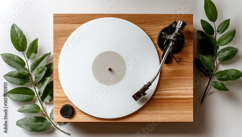Minimalist Vinyl Record Player Mockup with Blank White Cover, Black Vinyl Disc, and Green Plant in Wooden Box on Light Background, Top View Flat Lay