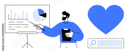 Man with clipboard gestures to pie chart and bar graph on a board. Large heart symbol and search bar convey analytics, love, or user insights. Ideal for marketing, education, UX, healthcare, data