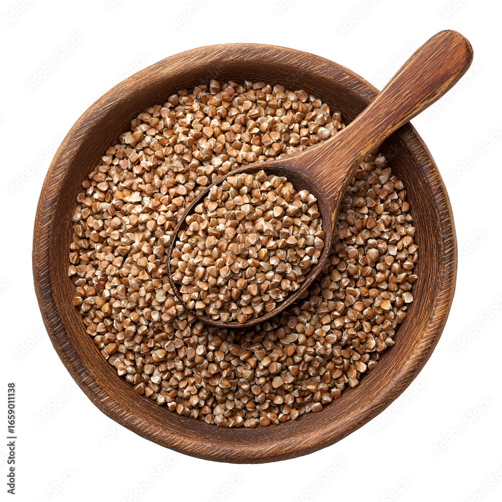 Obraz premium Buckwheat groats in a wooden bowl with a spoon