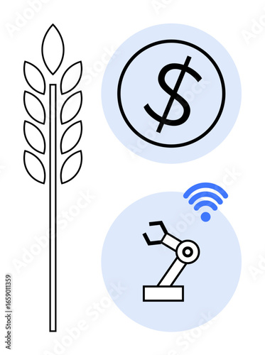 Grain stalk, currency sign, and robotic arm with wireless signal highlight agriculture, economy, and tech progress. Ideal for innovation, growth, sustainability, agritech finance automation