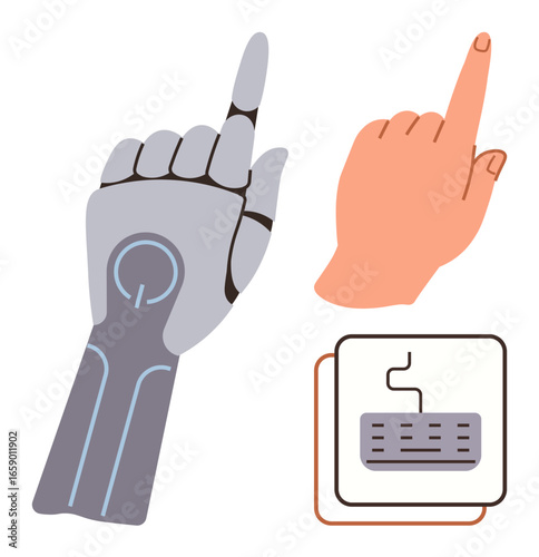 Robotic and human hands pointing upward alongside a keyboard, illustrating the connection between humans and technology. Ideal for AI interaction, innovation, robotics, human-machine collaboration